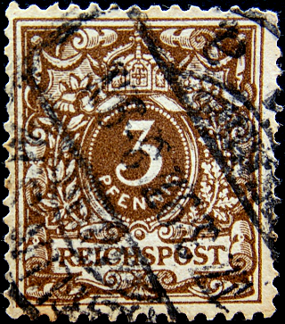 Германия 1889 год . Номинал под короной в овале жемчуга . 3 pf . Каталог 1,80 €.